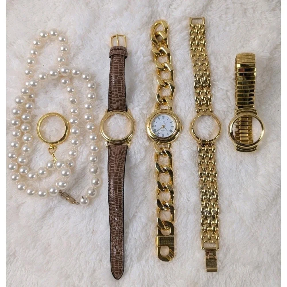 Vintage Circa Quartz Interchangeable Watch Set Gold Tone‎ Bands Faux Pearl...